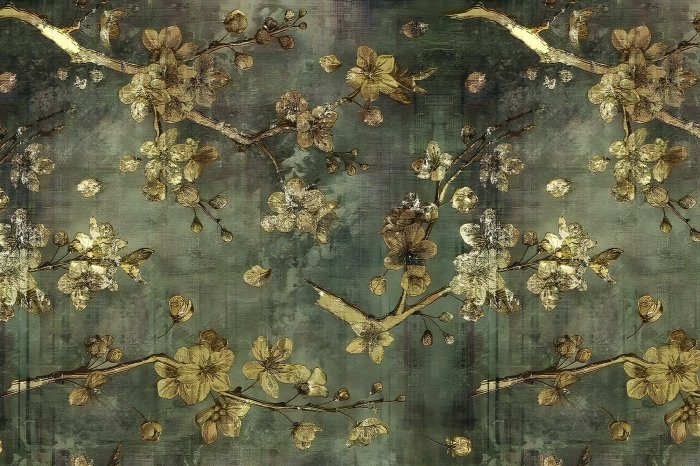 Fotobehang Gouden bloemen tegen een achtergrond van ruw grijs beton