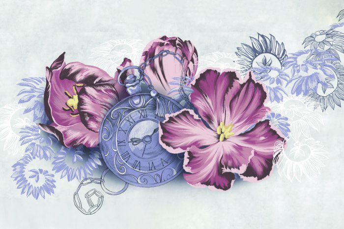 Fotobehang Een antieke klok omringd door roze bloemen