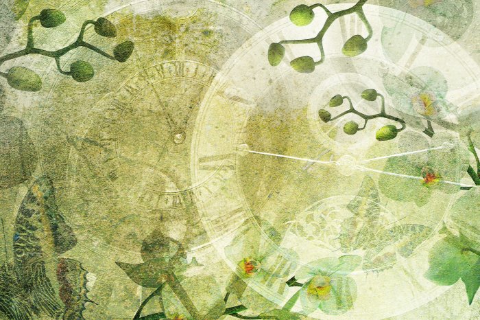 Fotobehang Vintage klokken omringd door orchideeën