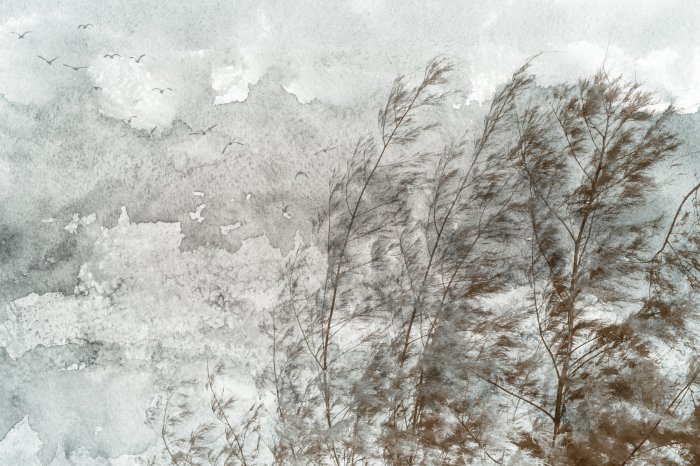 Fotobehang Boomtoppen in beweging met vliegende vogels