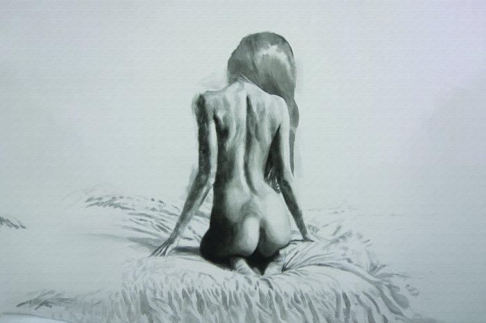 Fotobehang Een minimalistisch portret van een vrouw die op een bed zit