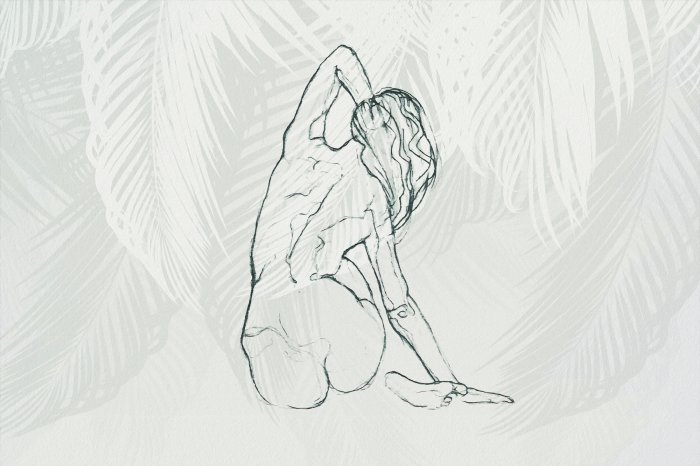 Fotobehang Een delicate schets van een vrouwenfiguur met bladeren op de achtergrond.