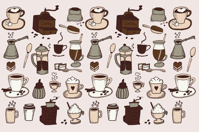 Fotobehang Patroon met kopjes en koffiemolens