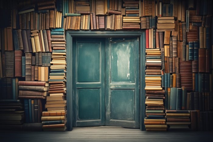 Fotobehang Rustieke deur aan een muur vol boeken