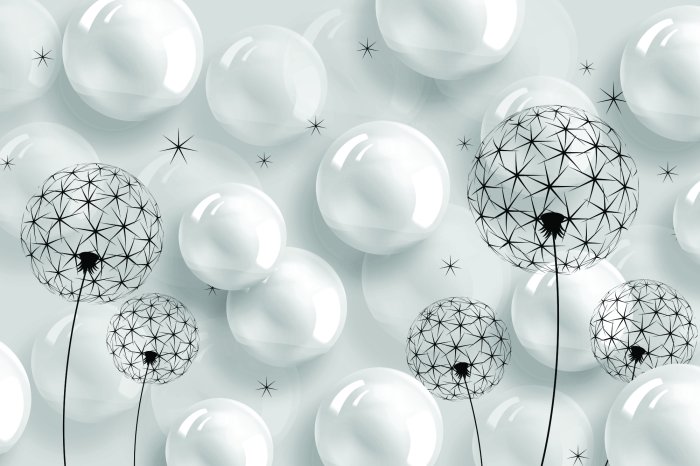 Fotobehang Paardenbloemen omringd door witte ballonnen