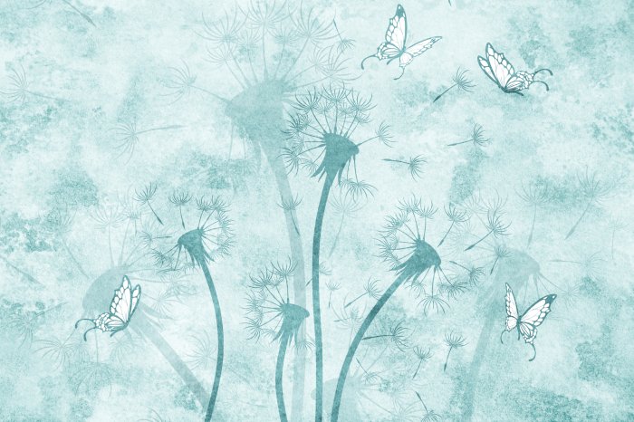 Fotobehang Een windvlaag met paardenbloemen en vlinders