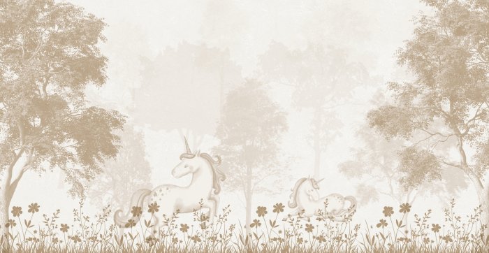 Fotobehang Magisch bos met eenhoorns en bloemen