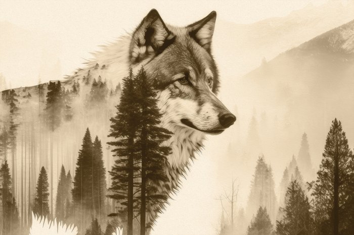 Fotobehang Abstract silhouet van een wolf en een boom