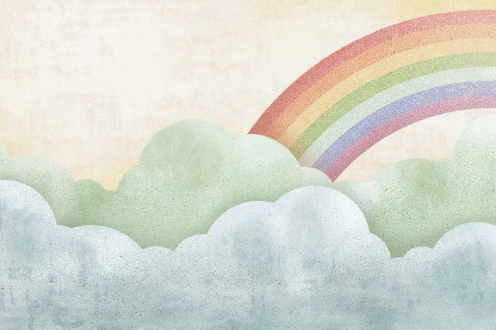 Fotobehang Een kleurrijke regenboog boven de zachte wolken