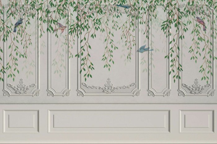 Fotobehang Decoratieve muur met vogels en planten