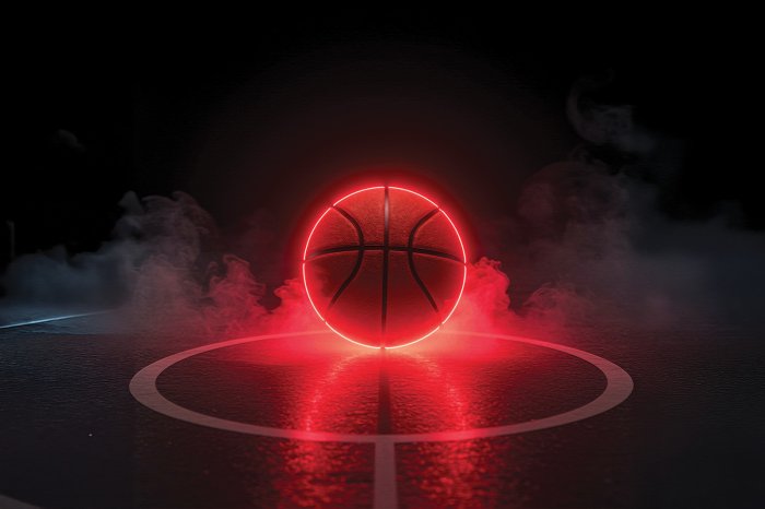 Fotobehang Een neon basketbal in een lichtgevende mist