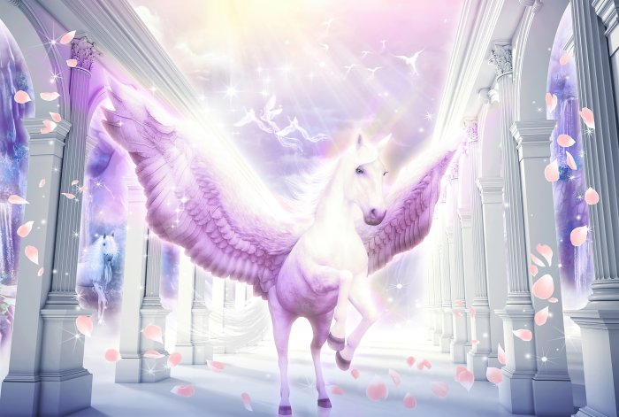 Fotobehang Een magisch paard met roze vleugels