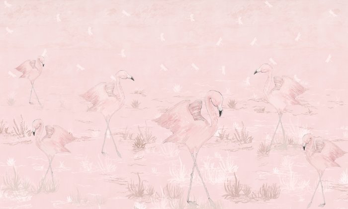 Fotobehang Roze flamingo&#39;s in een open plek met libellen