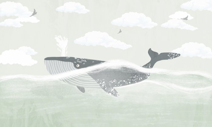 Fotobehang Een walvis in de zee met wolken en vogels op de achtergrond