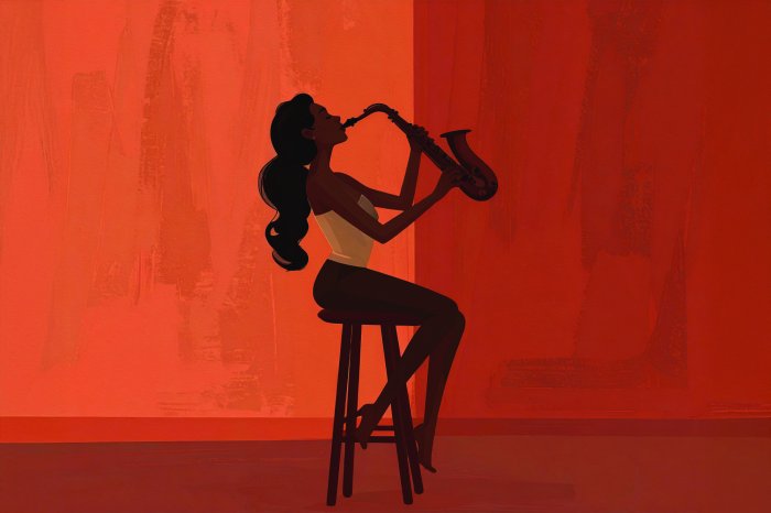 Fotobehang Muzikaal portret van een vrouw die saxofoon speelt