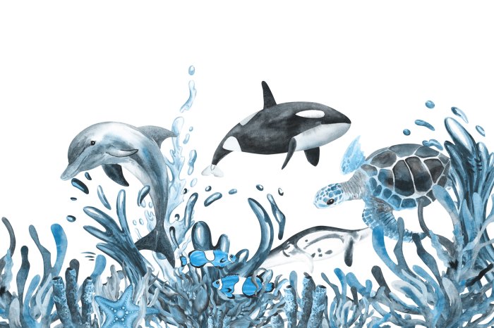 Fotobehang Schildpad en dolfijn in de onderwatertuin