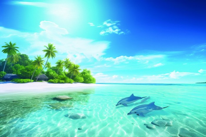 Fotobehang Tropische lagune met dolfijnen