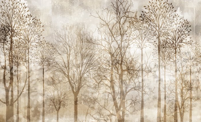 Fotobehang Boslandschap in de mist sepia