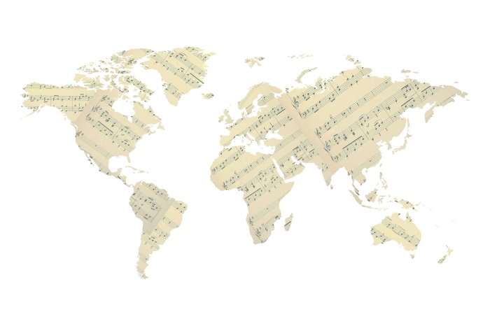 Fotobehang Wereldkaart met muzieknoten en instrumenten