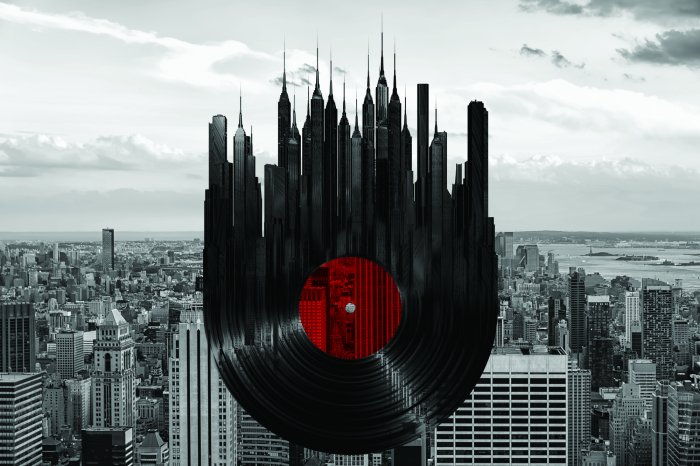 Fotobehang Een abstracte vinylplaat tegen de achtergrond van een stadsgezicht.