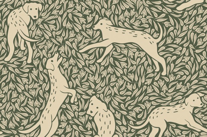 Fotobehang Botanisch motief met honden en groen