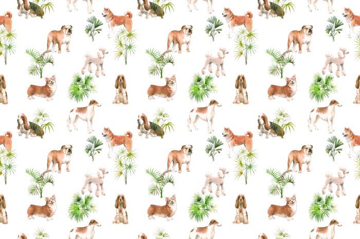 Fotobehang Honden tegen een achtergrond van planten in een illustratieve stijl