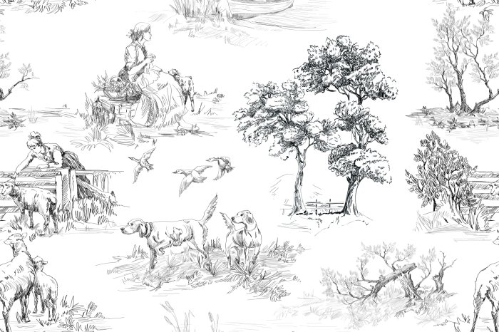 Fotobehang Een dorp met honden op de achtergrond van bomen