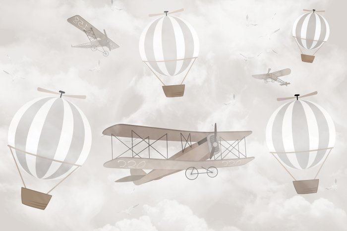 Fotobehang Flugzeuge und Ballons vor dem Himmel mit Wolken