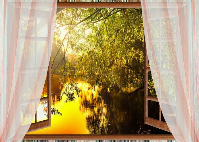 Fotobehang Zonsopgang uitzicht vanuit het raam