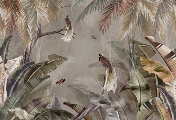 Fotobehang Vlinders en vogels tussen de bladeren