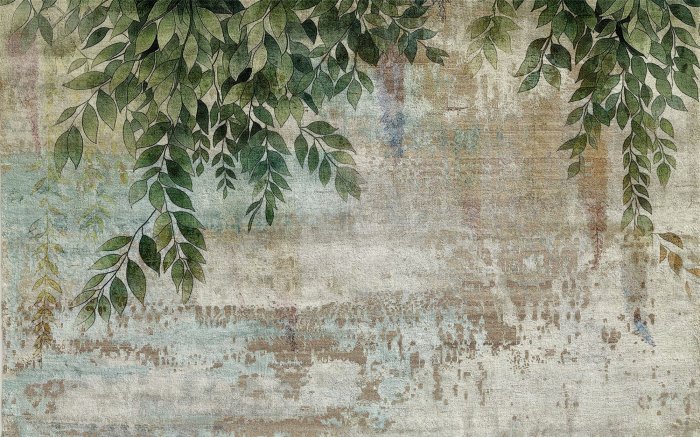 Fotobehang Groene wijnranken hangen aan het beton