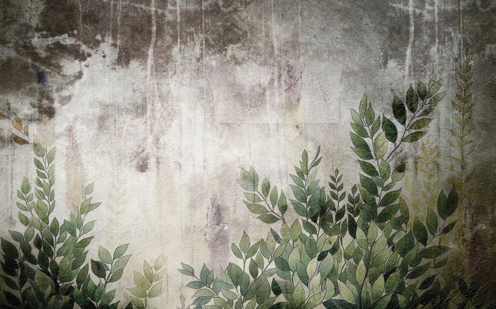 Fotobehang Bladeren op een betonnen textuurachtergrond