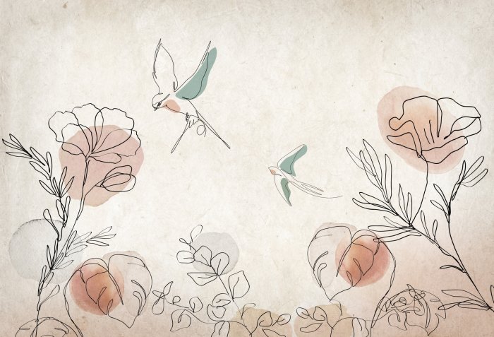 Fotobehang Abstract aquarelschilderij van bloemen en vogels