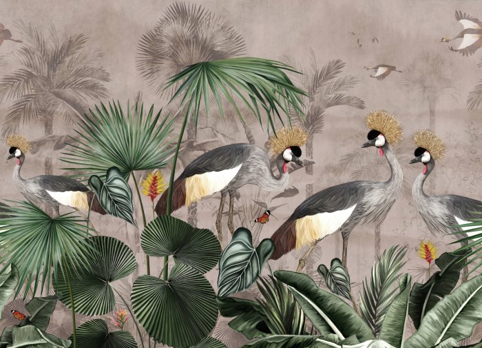 Fotobehang Exotische kraanvogels tussen de bladeren