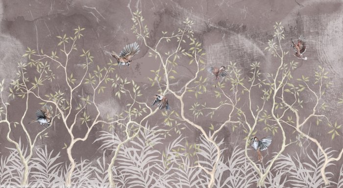 Fotobehang Botanisch patroon met struiken en vogels