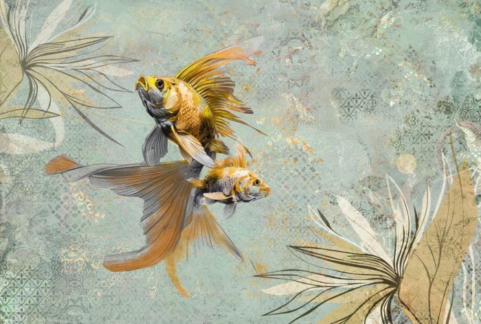 Fotobehang Goudvis met planten op een vintage achtergrond