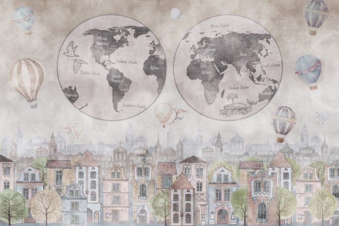 Fotobehang Een wereldkaart met een kleurrijke stad op de achtergrond