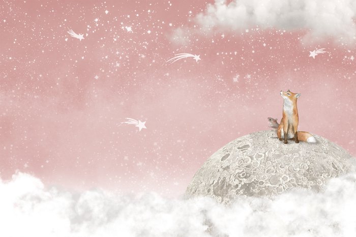 Fotobehang Een vos en een muis die op de maan zitten, een sprookjesachtig tafereel