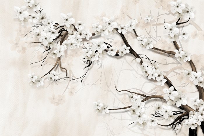 Fotobehang 3D kersenbloesem op een lichte achtergrond