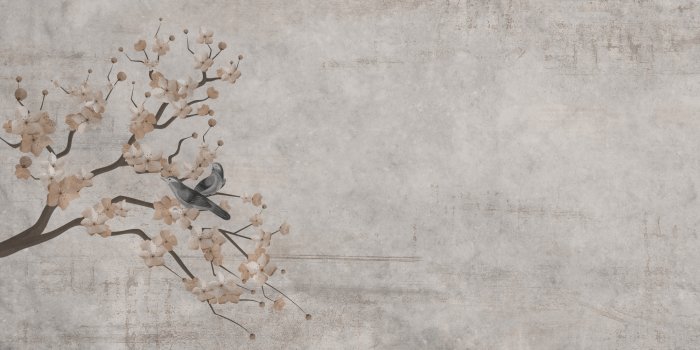 Fotobehang Kersenbloesemboom met vogels op een betonnen muur
