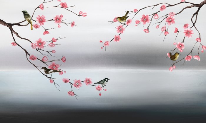 Fotobehang Roze kersenbloesems met vogels in aquarel