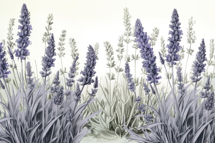 Fotobehang Een open plek met lavendel in grijsachtige kleuren