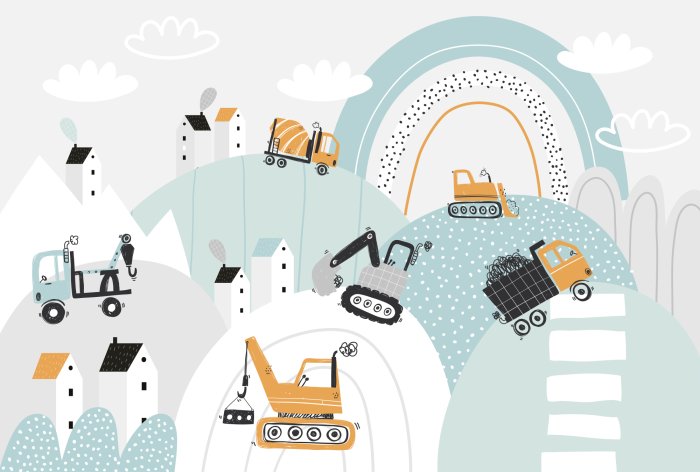 Fotobehang Bouwmachines op de heuvels tussen de wolken