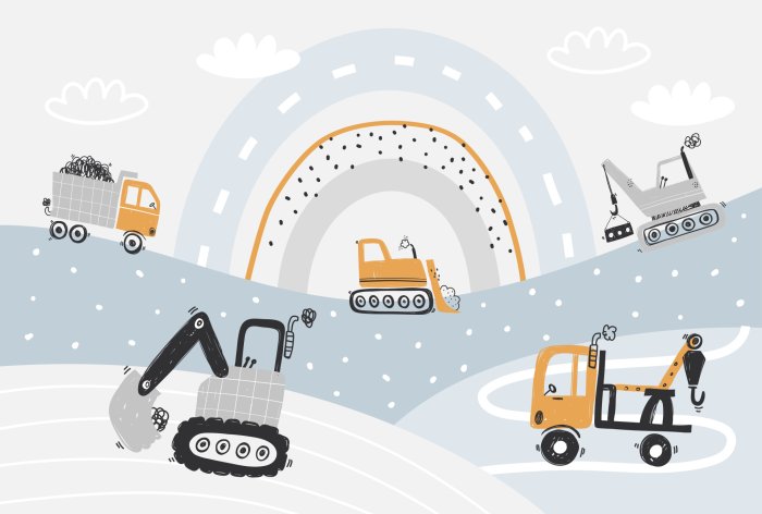 Fotobehang Bouwvrachtwagens tegen een abstracte regenboogachtergrond