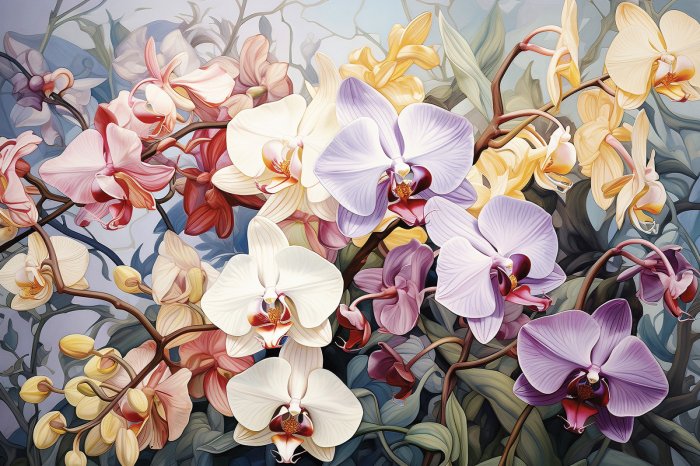 Fotobehang Weelderige tropische vegetatie met kleurrijke bloemen