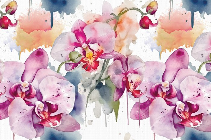 Fotobehang Aquarel orchideeënbladeren en bloemen