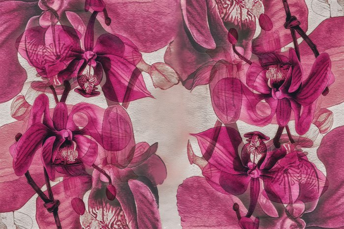 Fotobehang Ruimtelijk geschilderde orchideeën op de muur