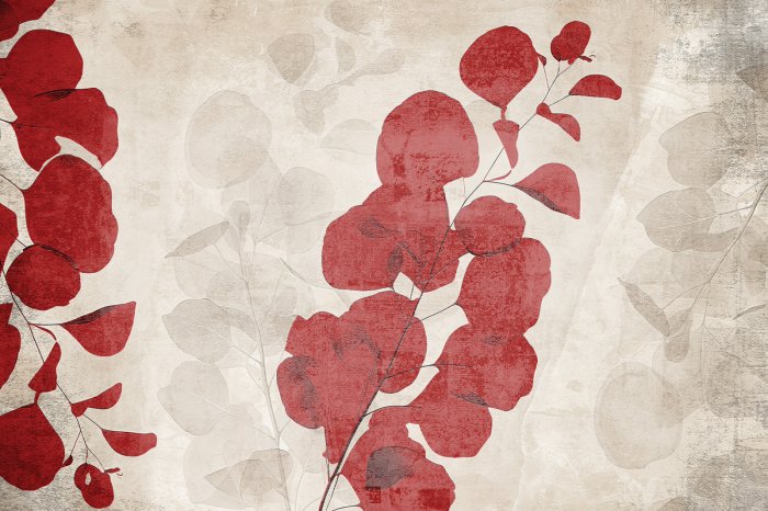 Fotobehang Rode en beige bladeren tegen een betonnen achtergrond