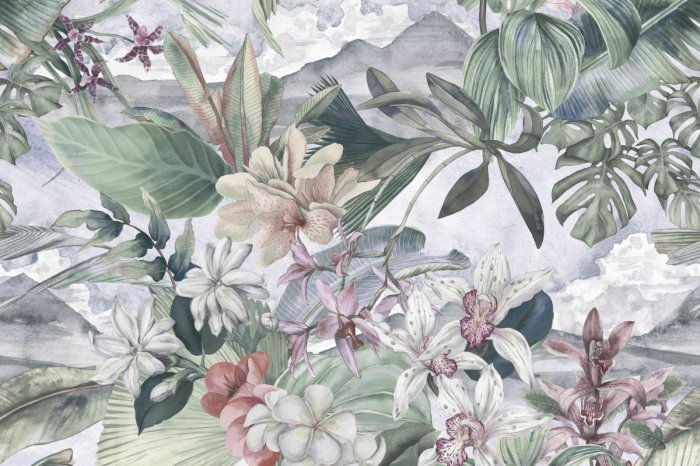 Fotobehang Orchideeën tussen tropische vegetatie