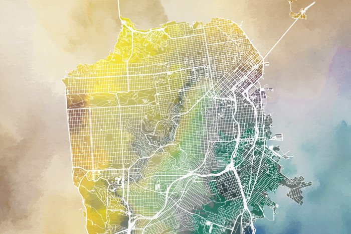 Fotobehang Een kleurrijke kaart van San Francisco in aquareltinten